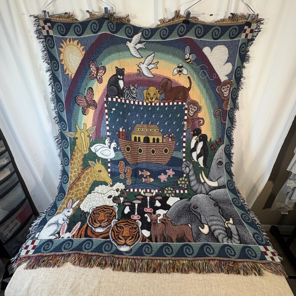 American Weavers Noahs Ark Blanket Kids Large Blue Rainbow Animal Woven Tapestry